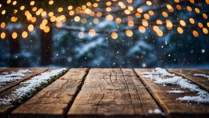 Wall Mural - rustic wood table winter mockup with glowing bokeh lights, snow, and pine trees background