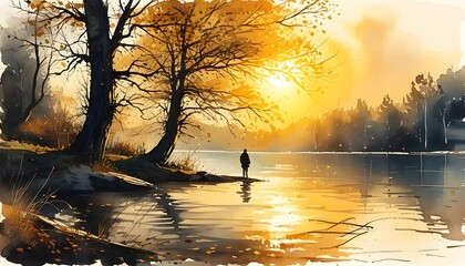 Wall Mural - Tranquil watercolor landscape featuring a figure by a lake surrounded by autumn trees under the warm glow of sunset