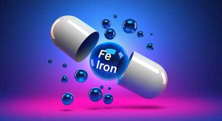 Capsule containing iron supplement with blue bubbles and vitamin capsule on vibrant background