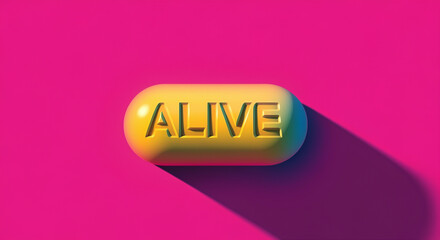 Poster - Pill with ALIVE text on colorful background graphic design vibrant capsule concept modern aesthetic