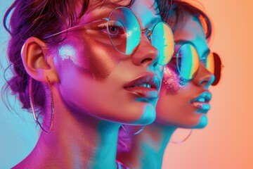 Vibrant fusion of metallic textures and reflections in a colorful portrait of two models