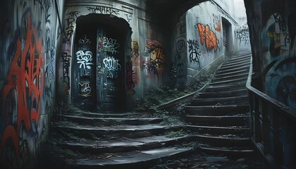 Wall Mural - Eerie Abandoned Staircase Leading to Ominous Door in Gloomy, Mysterious Atmosphere with Graffiti