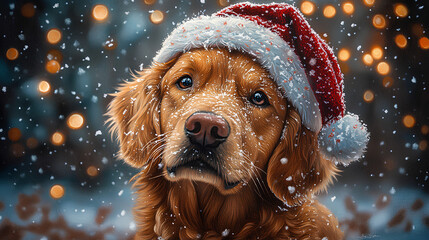 A dog wearing a red Santa hat is standing in the snow