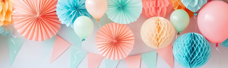 Canvas Print - Pastel Paper Party Decorations,  Balloons, Fans, and Tissue Pom Poms