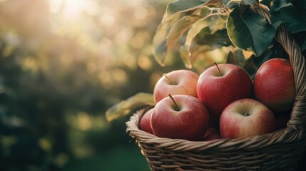 A close-up of ripe red apples in a basket, with soft sunlight streaming through the leaves in an orchard