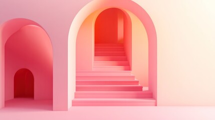 Wall Mural - Pink and peach archway with stairs in a minimal room.