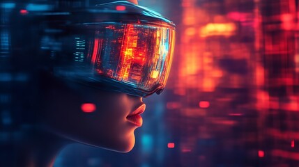 Poster - Futuristic Woman Wearing VR Headset in Neon Cyberpunk City