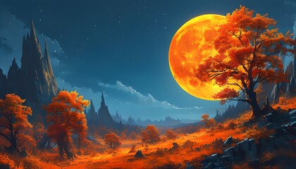 Wall Mural - Eerie landscape of gnarled trees silhouetted beneath a glowing orange moon in a fiery sky