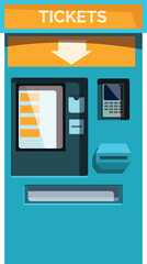 Poster - Blue ticket machine displaying payment options, with a digital screen and card reader, facilitating self service ticketing