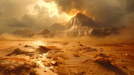 A desolate desert landscape with a mountain in the background