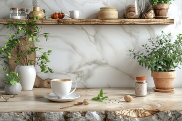 Wall Mural - Top view of beautiful background of kitchen desk, with accessories on the sides and a cup. Generative AI