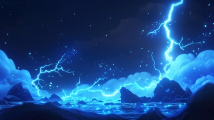 A dark, blue, stormy seascape with a lightning bolt striking the water, surrounded by rock formations.