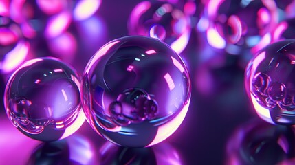 Closeup of shiny purple spheres with blurred bokeh lights in the background.