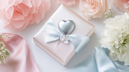 Wall Mural - Elegant gift box with a silver heart and ribbon on a white background.