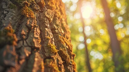 Tree trunk with brown bark and moss in sunlight