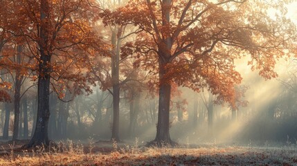 Poster - Trees in autumn glow in morning light