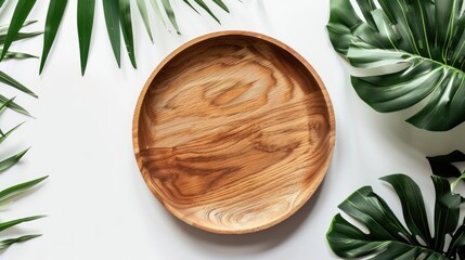 Poster - Tropical themed wooden plate mockup on white background