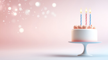 Birthday cake with three candles on a pink background, elegant celebration concept with empty copy space for text.