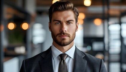 Wall Mural - Confident businessman in suit and tie exuding professionalism in a contemporary office setting with blurred backdrop