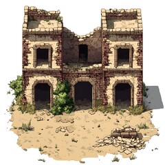 Ruined brick building with arched doorways and windows.  Concept of war, destruction, neglect, abandoned, aftermath