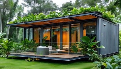 Wall Mural - Sleek container home featuring expansive windows and stylish patio furniture nestled in vibrant greenery for eco-friendly living.