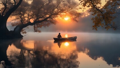 Tranquil sunrise on a serene lake with a solitary figure rowing amidst mist and vibrant autumn foliage