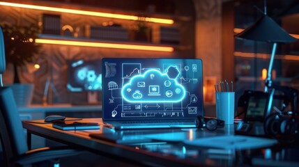 Laptop with a glowing cloud icon on the screen, representing cloud computing,  on a desk with a  pencil holder, a wireless mouse, and a camera.