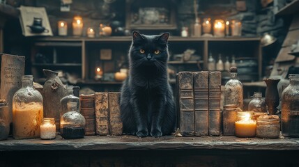 A black cat sits among old books and candles in a mystical setting.