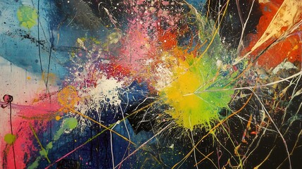 Sticker - A colorful painting with splatters of paint that looks like a galaxy. The painting is full of bright colors and has a sense of chaos and energy