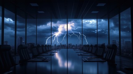 Wall Mural - a dark room with a large table and many chairs. the table is covered with a black cloth. the room is