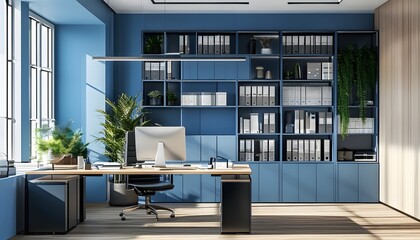 Canvas Print - Contemporary office workspace featuring blue walls, a sleek desk, computer setup, and efficient storage for enhanced productivity and focus