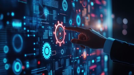 Aufkleber - A person is pointing at a blue and red button on a computer screen. The button is surrounded by a lot of other buttons and symbols, making it stand out. Concept of technology and innovation