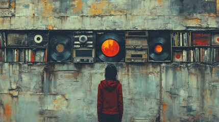 A woman stands before a wall adorned with vintage records, old radios, and books.