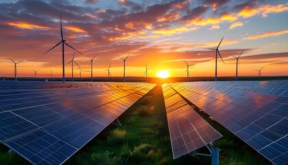 Wall Mural - Stunning sunset highlighting solar panels and wind turbines, embodying the essence of renewable energy and a sustainable future