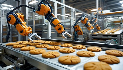 Wall Mural - Automated robot arm efficiently packaging freshly baked cookies in a cutting-edge factory environment