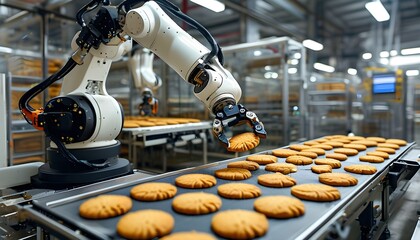 Poster - Automated robot arm efficiently packaging freshly baked cookies in a cutting-edge factory environment