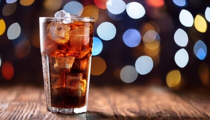 Wall Mural - close up of a tall glass of cola with ice on a wooden table with bokeh lights in the background