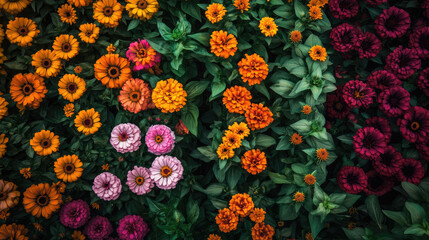 The aerial perspective showcases rows of bright zinnias and sunflowers on the flower farm, arranging in a vibrant and engaging pattern across the landscape.