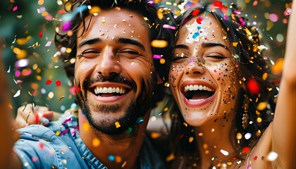 Elated couple reveling in confetti, showcasing pure joy and excitement for festive celebrations