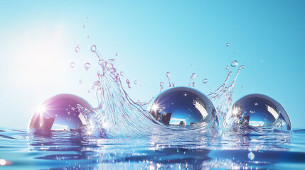 background with three chrome blob shapes and a gentle water splash in an ultra-soft focus, emphasizing a dreamy, ethereal y2k aesthetic, pure blue sky background