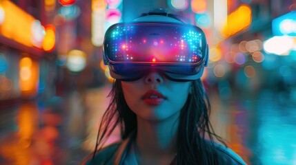 Close-up of a woman wearing VR goggles in a neon-lit city.