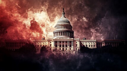 Dramatic Capitol Building with Red and Orange Clouds. Concept,  Political Unrest, Conflict, Crisis