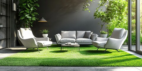 grey modern family room with luxury chairs floor, elegant table floor and green synthetic grass floor 