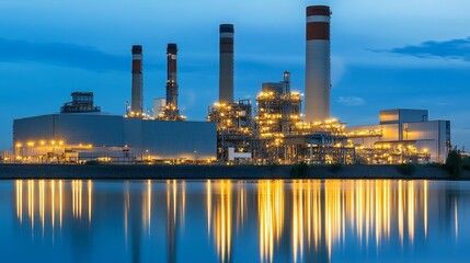 Industrial power plant with towering structures and machinery generating energy at twilight, highlighting modern infrastructure for electricity production and large-scale industrial operations