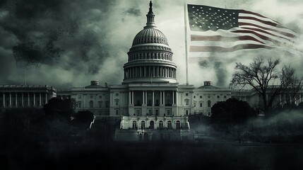 us capitol building with an ominous, apocalyptic sky and an american flag waving in the wind.