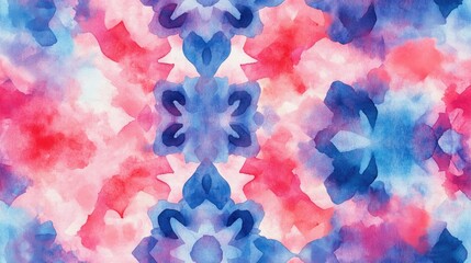 Red pink and blue watercolor kaleidoscopic seamless pattern for textiles surfaces fashion and interior design featuring an acrylic gouache background with a geometrical design