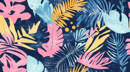 Wall Mural - Abstract seamless pattern of tropical leaves suitable for children s apparel Creative jungle themed background Playful botanical design for textiles and fabrics Trendy and vibrant style