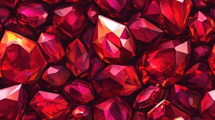 Seamless pattern featuring jewelry with a background of red gemstones in a low poly style