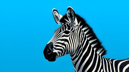 zebra close up portrait on blue background.