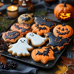 Wall Mural - Festive Halloween cookies on a dark background